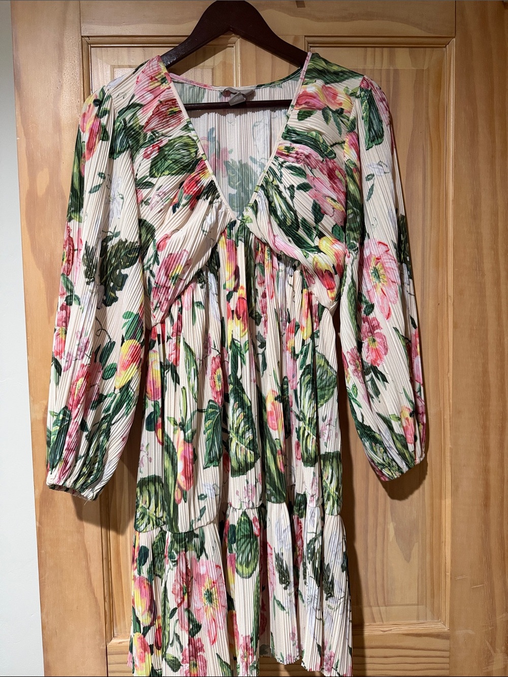 H&M Floral Pleated Cream Dress with Pink & Green Print